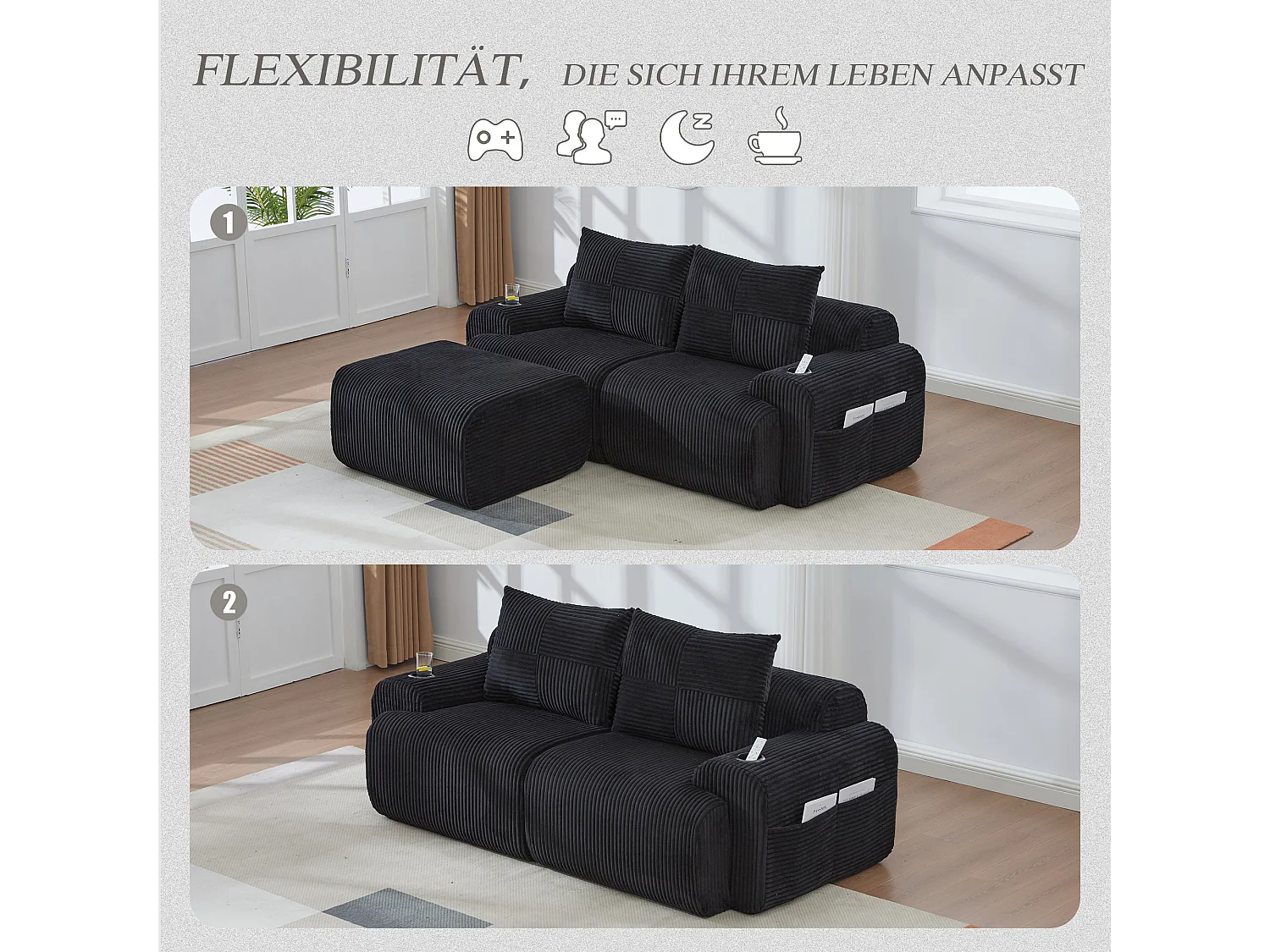 Canapé modulable 2 places - 200 x 174 x 80 cm - avec 1 poufs + porte-gobelets + poche de rangement - velours - noir