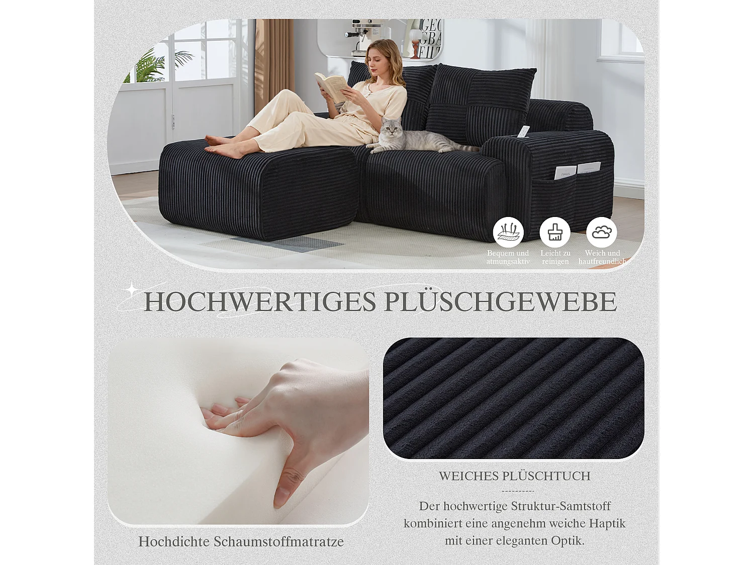 Canapé modulable 2 places - 200 x 174 x 80 cm - avec 1 poufs + porte-gobelets + poche de rangement - velours - noir