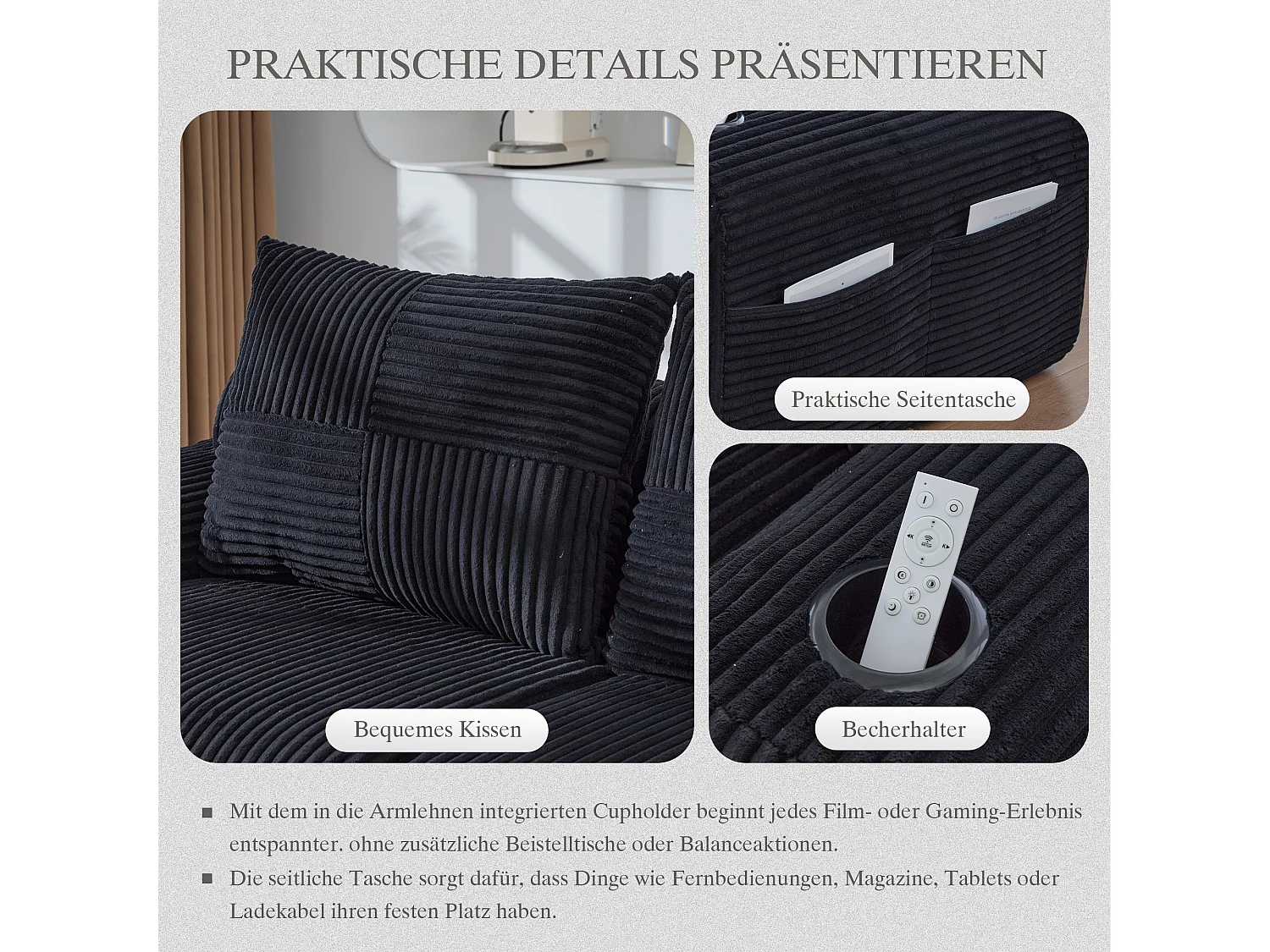 Canapé modulable 2 places - 200 x 174 x 80 cm - avec 1 poufs + porte-gobelets + poche de rangement - velours - noir