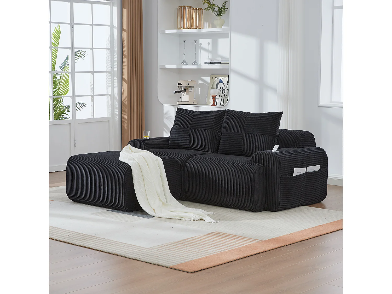 Canapé modulable 2 places - 200 x 174 x 80 cm - avec 1 poufs + porte-gobelets + poche de rangement - velours - noir