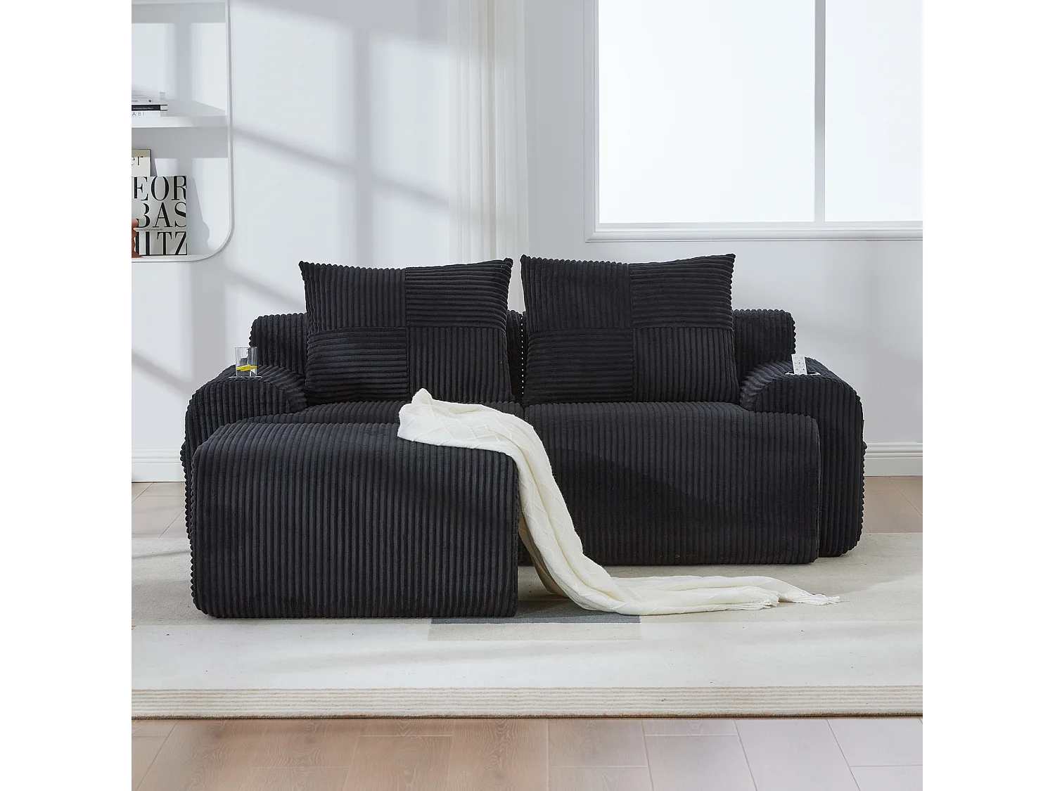 Canapé modulable 2 places - 200 x 174 x 80 cm - avec 1 poufs + porte-gobelets + poche de rangement - velours - noir