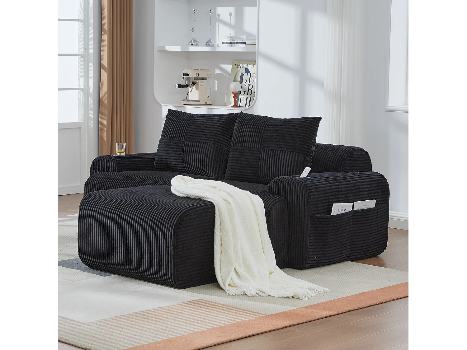 Canapé modulable 2 places - 200 x 174 x 80 cm - avec 1 poufs + porte-gobelets + poche de rangement - velours - noir
