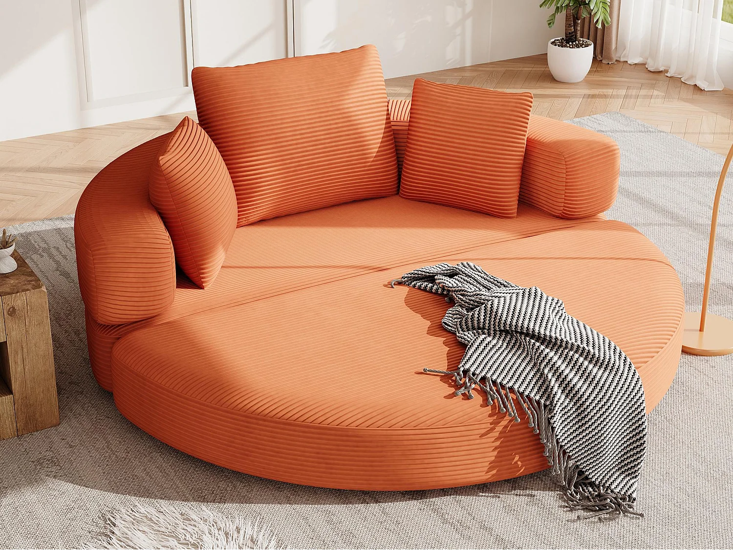 Canapé rond pliable 173x176x40cm - avec coussin - tissu en velours côtelé - orange