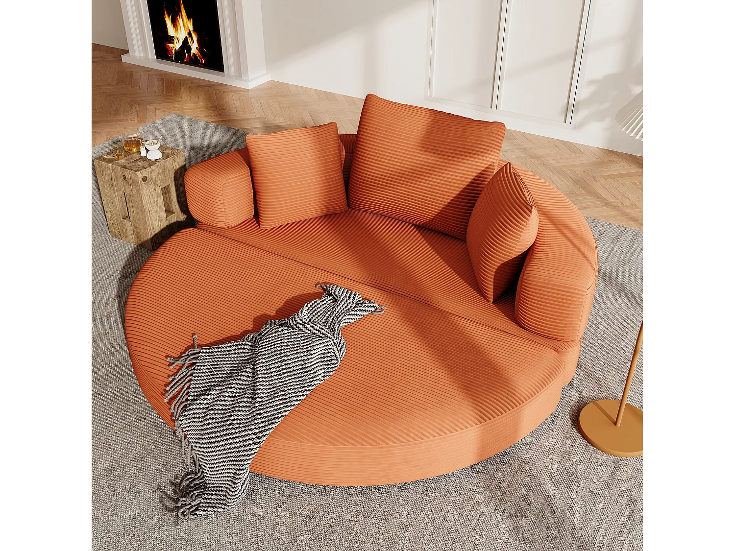 Canapé rond pliable 173x176x40cm - avec coussin - tissu en velours côtelé - orange