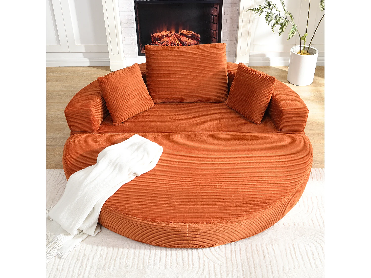 Canapé rond pliable 173x176x40cm - avec coussin - tissu en velours côtelé - orange