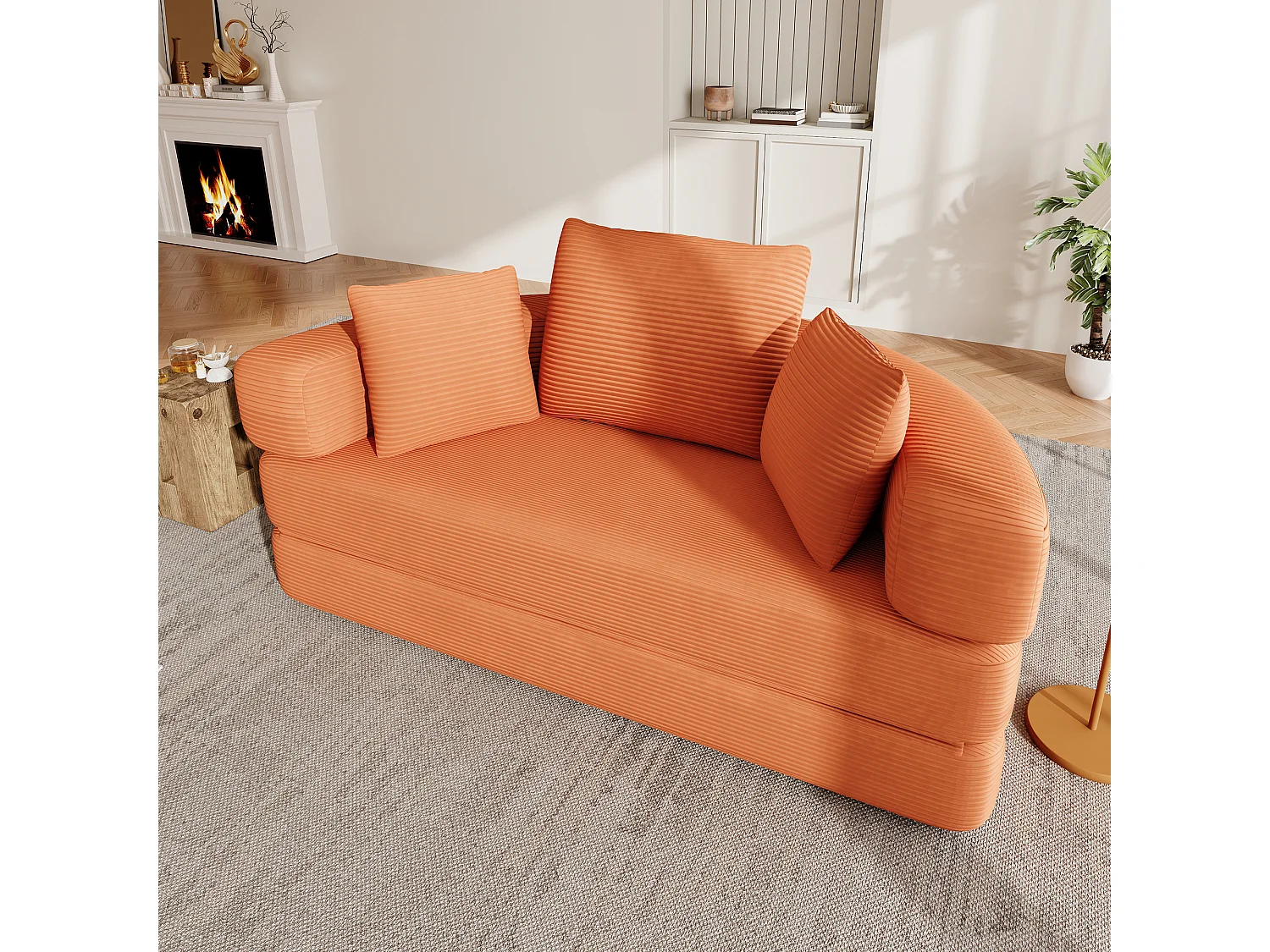 Canapé rond pliable 173x176x40cm - avec coussin - tissu en velours côtelé - orange