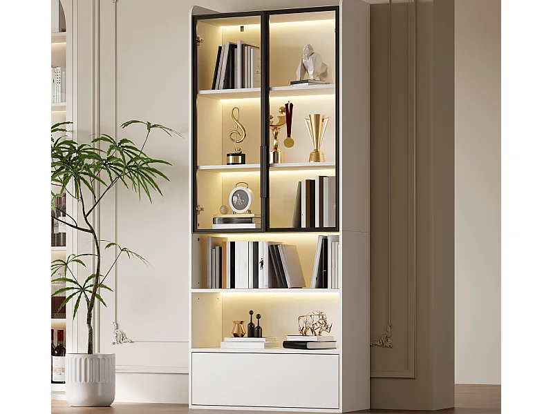 Vitrine 80x34x180 cm - mit LED-Beleuchtung - 1 Schublade und 2 Glastüren - offene Regale - MDF - Weiß