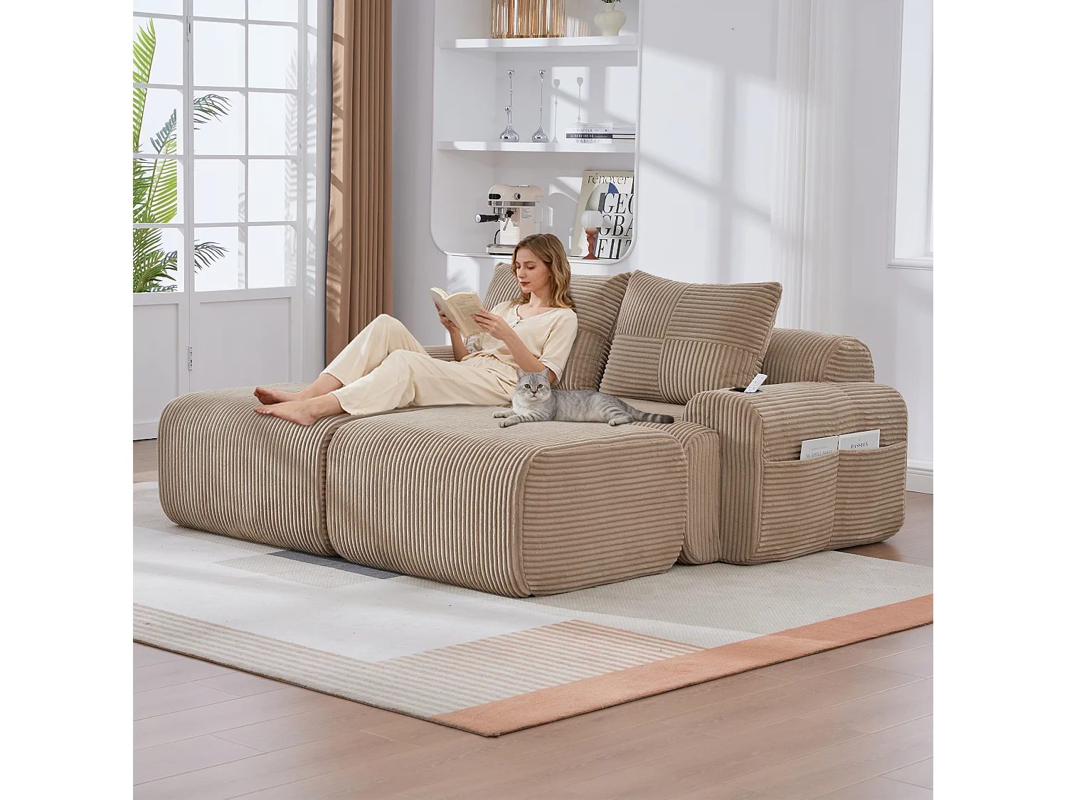 Canapé modulable 2 places - 200 x 174 x 80 cm - avec 2 poufs + porte-gobelets + poche de rangement - velours - kaki