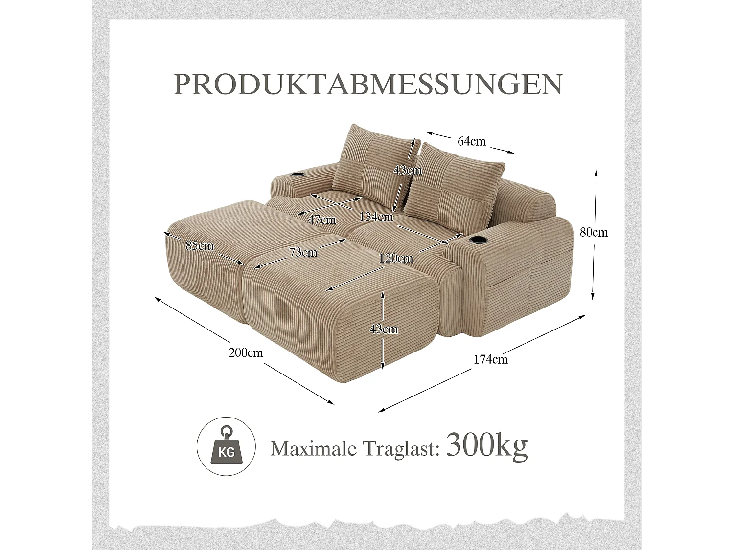 Canapé modulable 2 places - 200 x 174 x 80 cm - avec 2 poufs + porte-gobelets + poche de rangement - velours - kaki