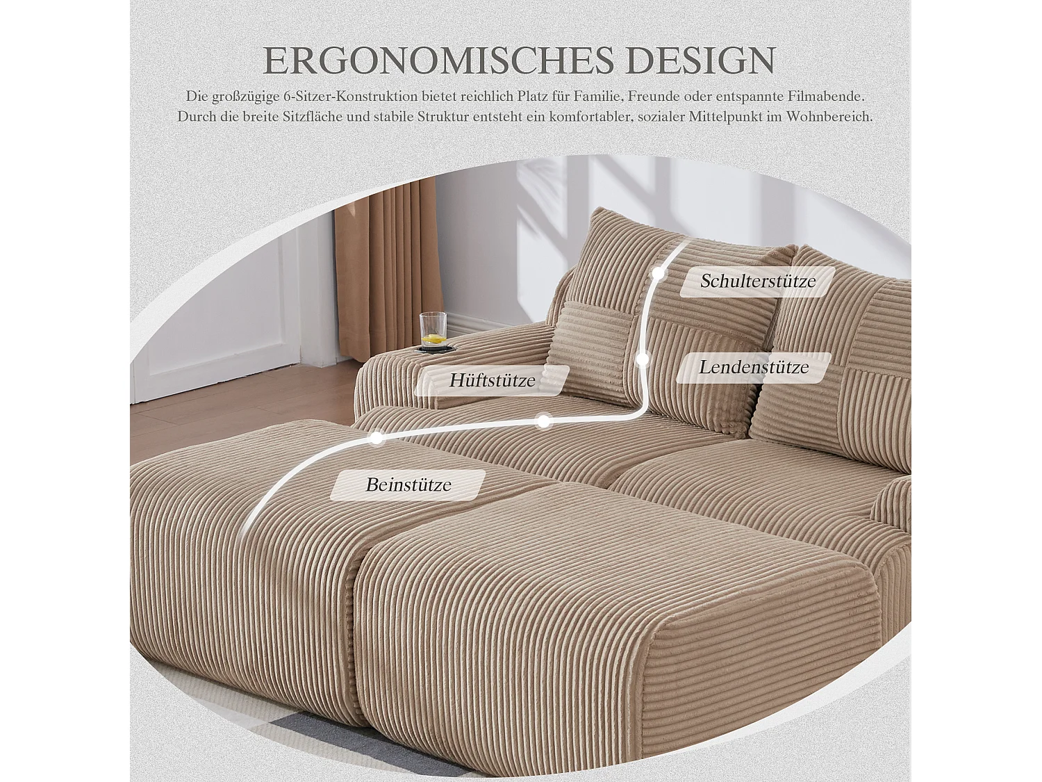 Canapé modulable 2 places - 200 x 174 x 80 cm - avec 2 poufs + porte-gobelets + poche de rangement - velours - kaki