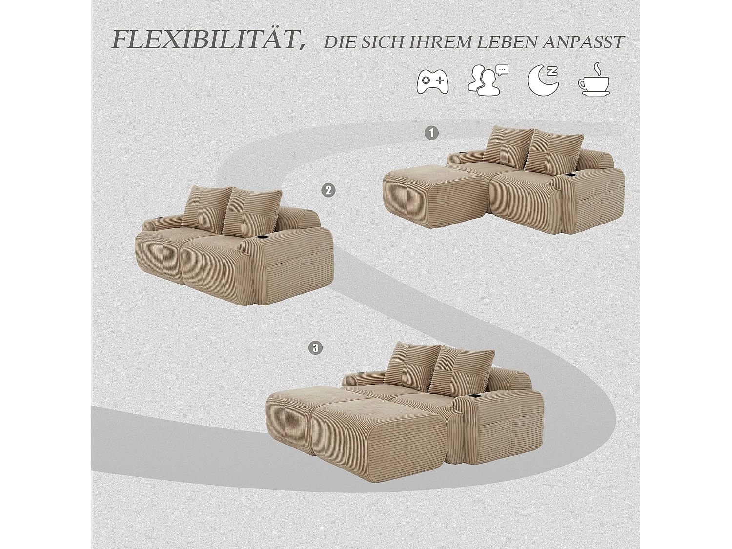 Canapé modulable 2 places - 200 x 174 x 80 cm - avec 2 poufs + porte-gobelets + poche de rangement - velours - kaki