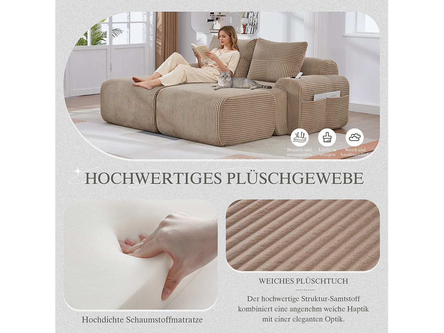 Canapé modulable 2 places - 200 x 174 x 80 cm - avec 2 poufs + porte-gobelets + poche de rangement - velours - kaki