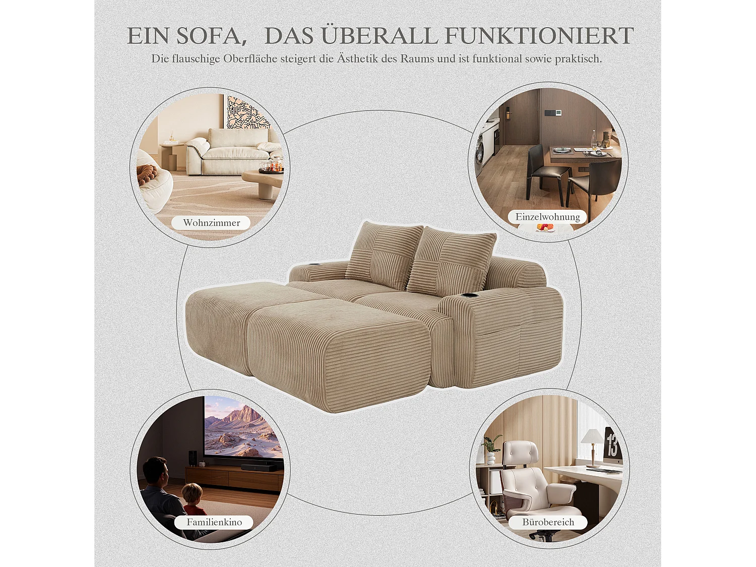 Canapé modulable 2 places - 200 x 174 x 80 cm - avec 2 poufs + porte-gobelets + poche de rangement - velours - kaki