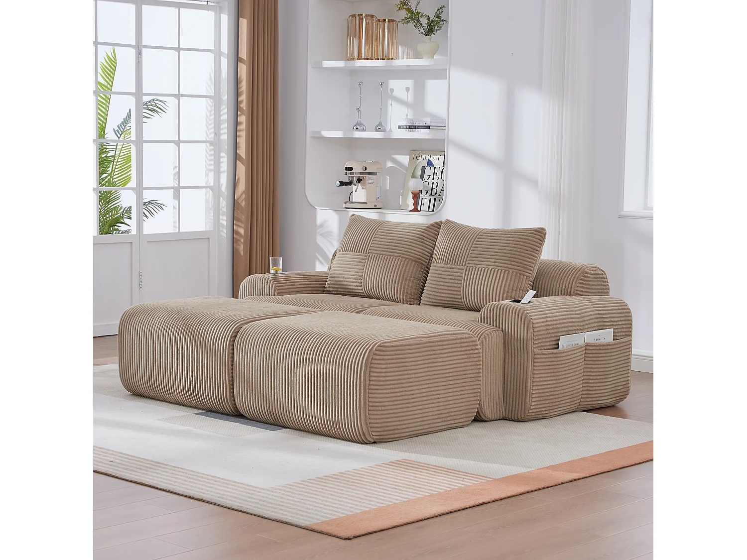 Canapé modulable 2 places - 200 x 174 x 80 cm - avec 2 poufs + porte-gobelets + poche de rangement - velours - kaki