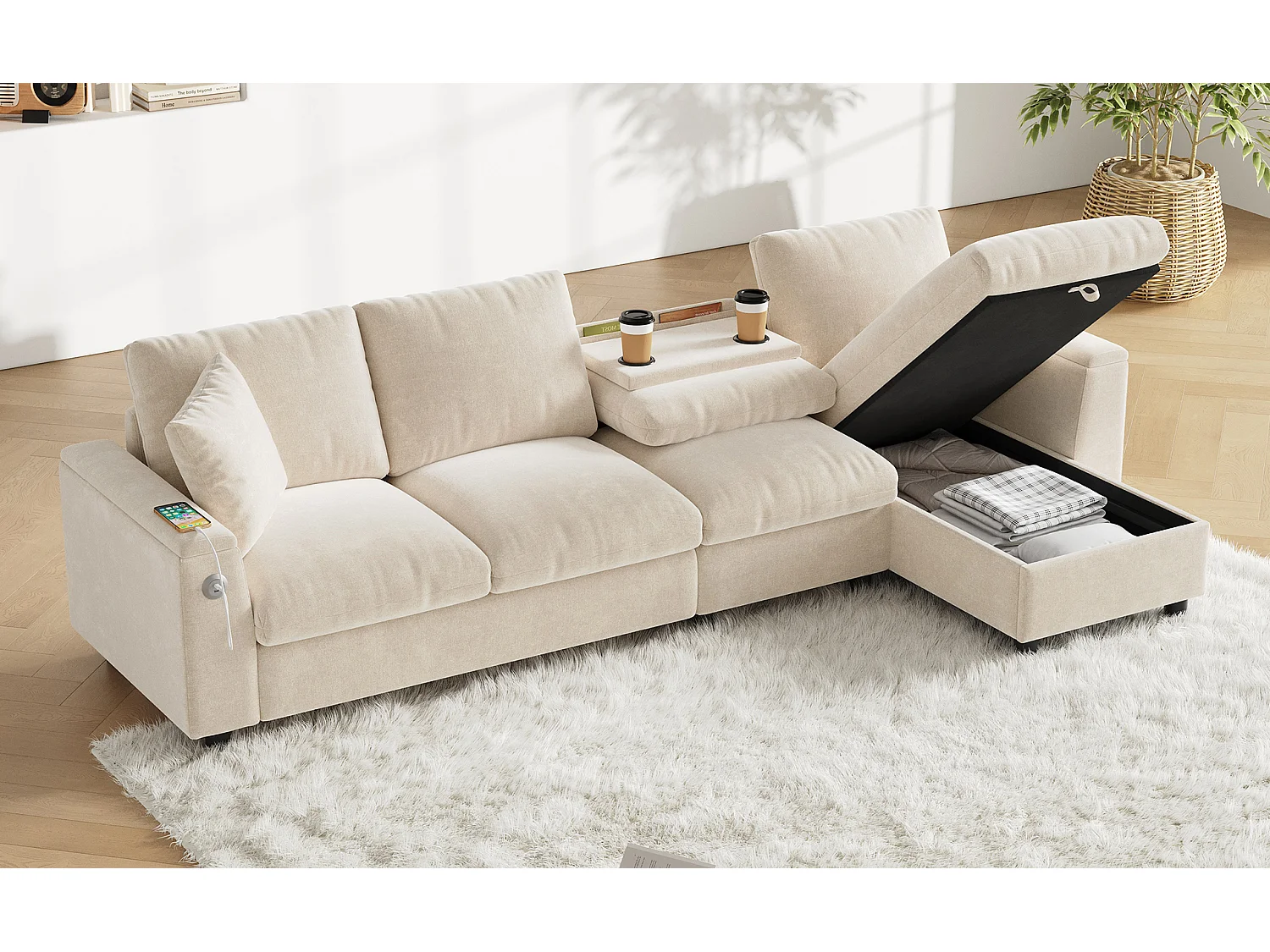 Sofá de canto em formato L com 4 lugares, com entradas USB e Type-C e espaço para arrumação - Tecido chenille bege