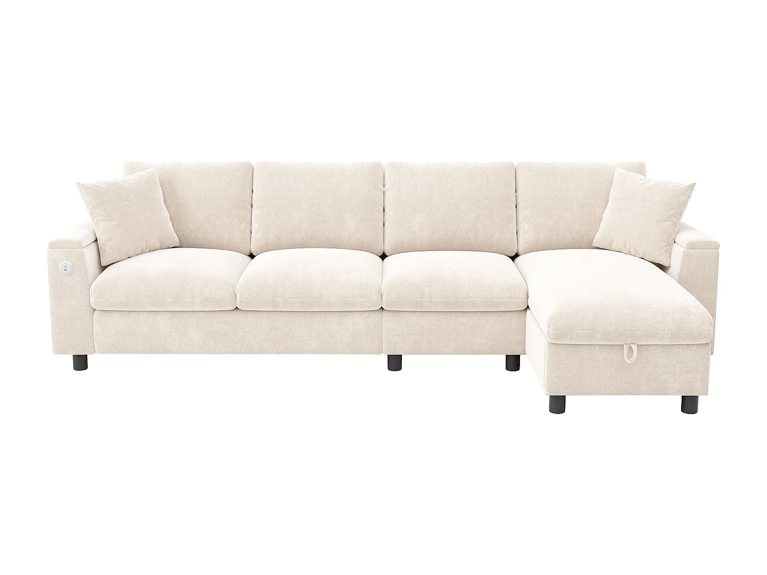 Sofá de canto em formato L com 4 lugares, com entradas USB e Type-C e espaço para arrumação - Tecido chenille bege