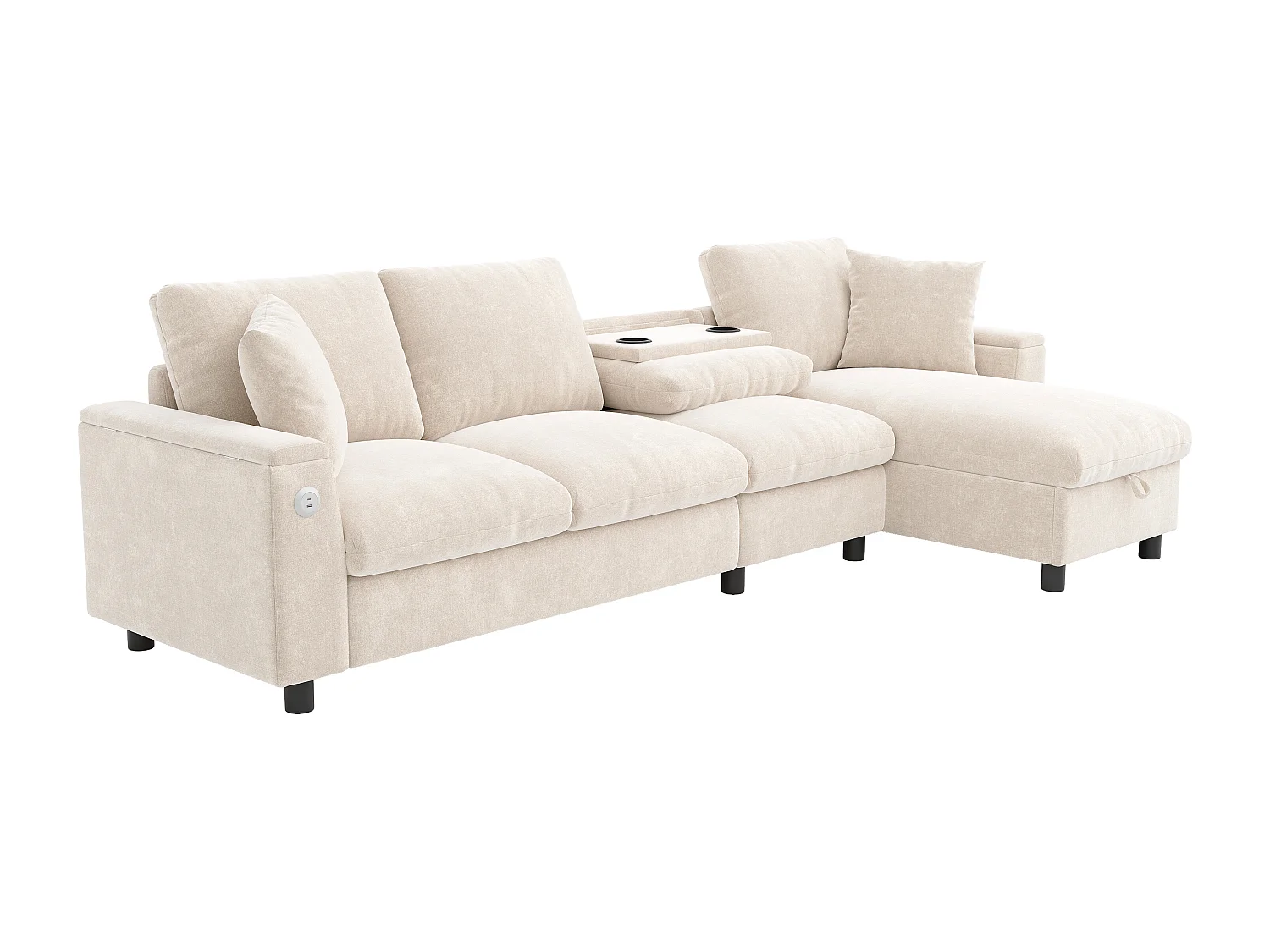 Sofá de canto em formato L com 4 lugares, com entradas USB e Type-C e espaço para arrumação - Tecido chenille bege