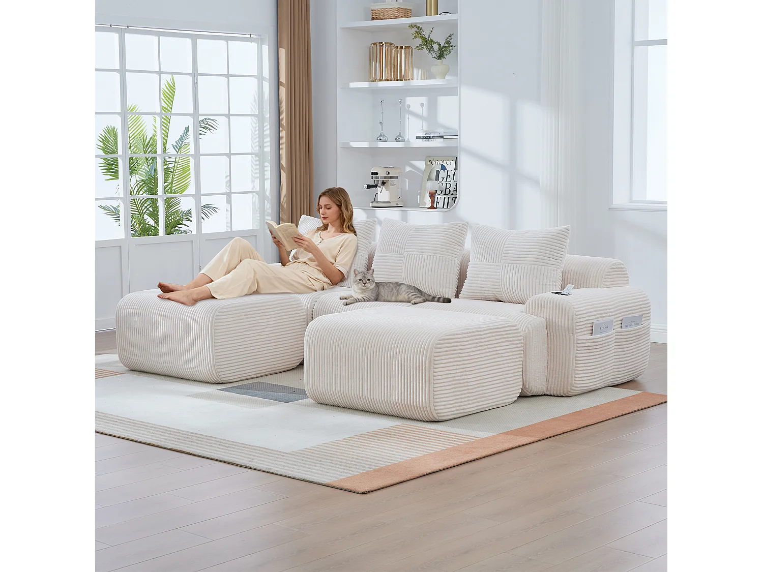 Canapé modulable 3 places - 268 x 174 x 80 cm - avec 2 poufs + porte-gobelets + poche de rangement - velours - beige