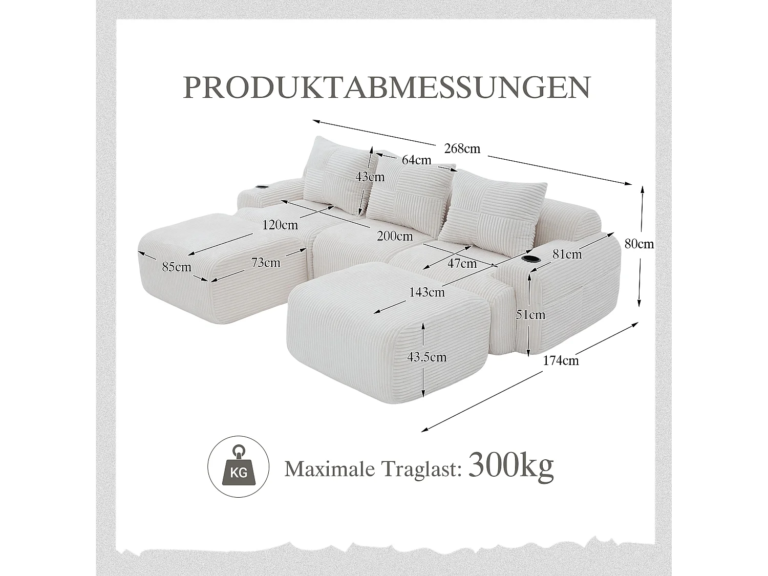 Canapé modulable 3 places - 268 x 174 x 80 cm - avec 2 poufs + porte-gobelets + poche de rangement - velours - beige