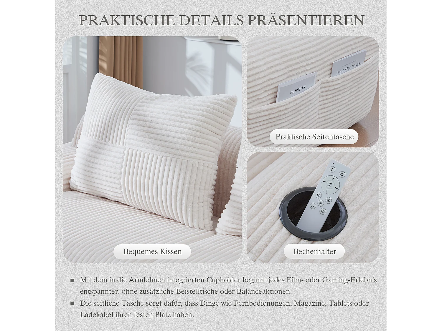 Canapé modulable 3 places - 268 x 174 x 80 cm - avec 2 poufs + porte-gobelets + poche de rangement - velours - beige