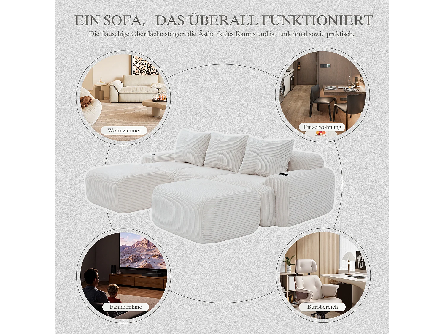 Canapé modulable 3 places - 268 x 174 x 80 cm - avec 2 poufs + porte-gobelets + poche de rangement - velours - beige