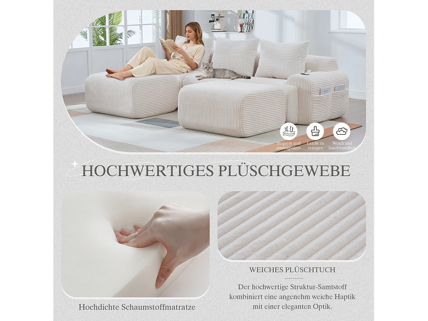 Canapé modulable 3 places - 268 x 174 x 80 cm - avec 2 poufs + porte-gobelets + poche de rangement - velours - beige