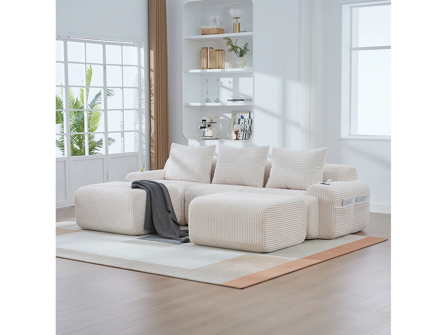 Canapé modulable 3 places - 268 x 174 x 80 cm - avec 2 poufs + porte-gobelets + poche de rangement - velours - beige