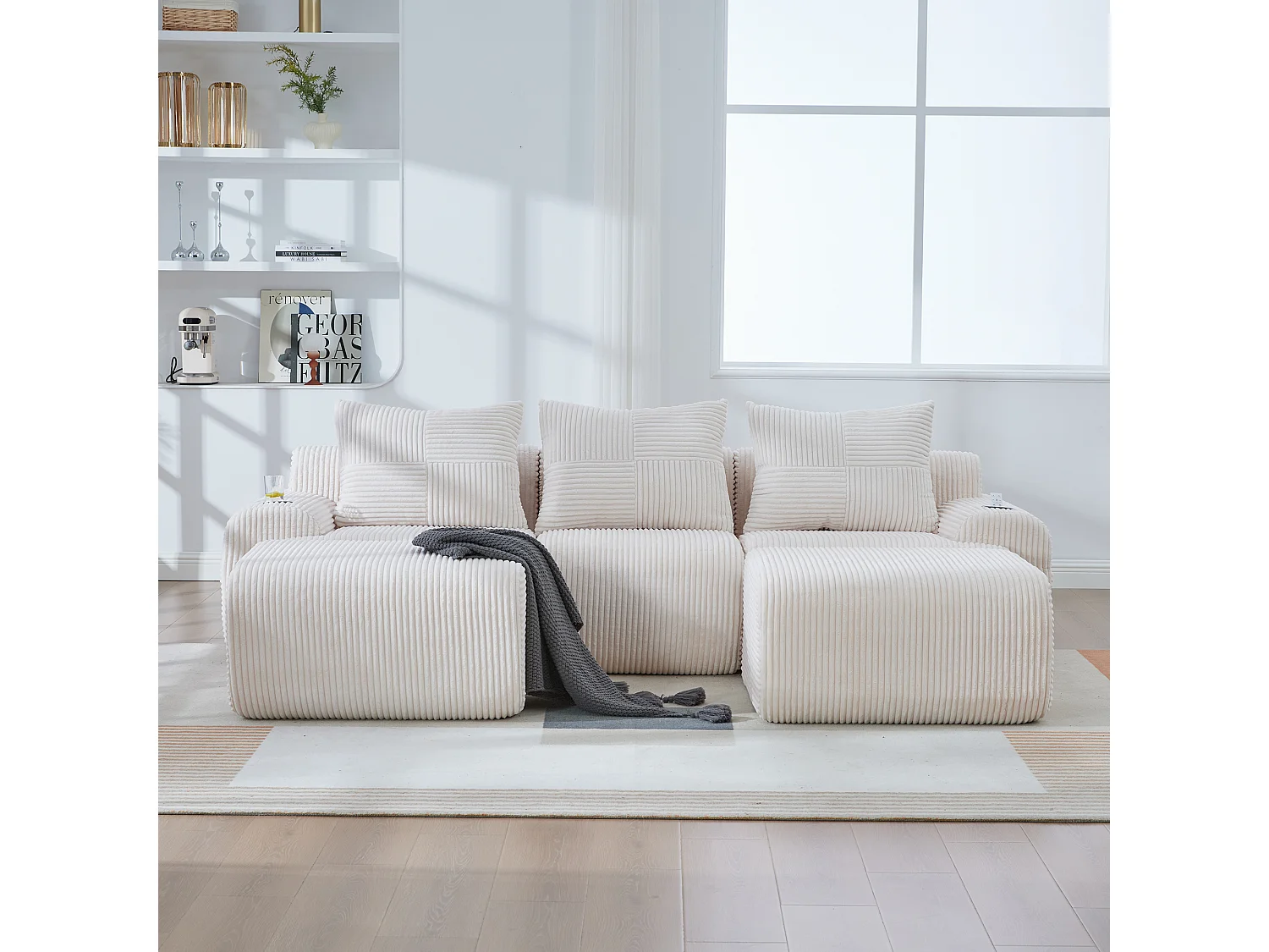 Canapé modulable 3 places - 268 x 174 x 80 cm - avec 2 poufs + porte-gobelets + poche de rangement - velours - beige