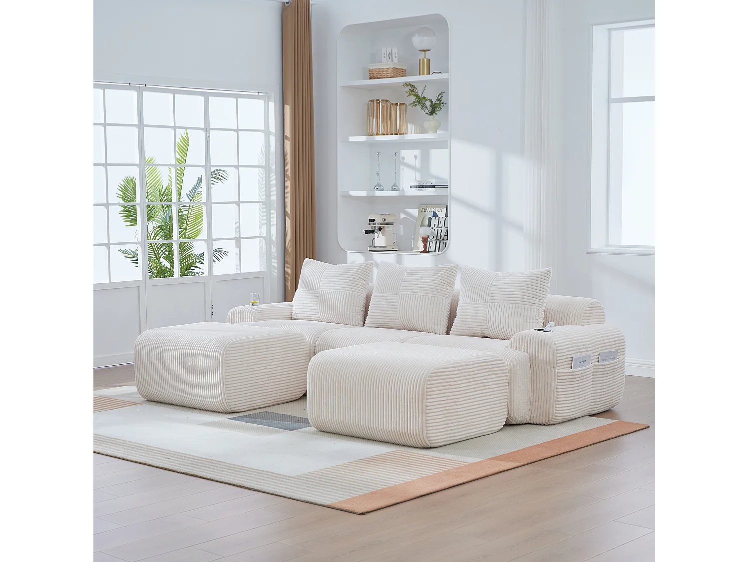Canapé modulable 3 places - 268 x 174 x 80 cm - avec 2 poufs + porte-gobelets + poche de rangement - velours - beige