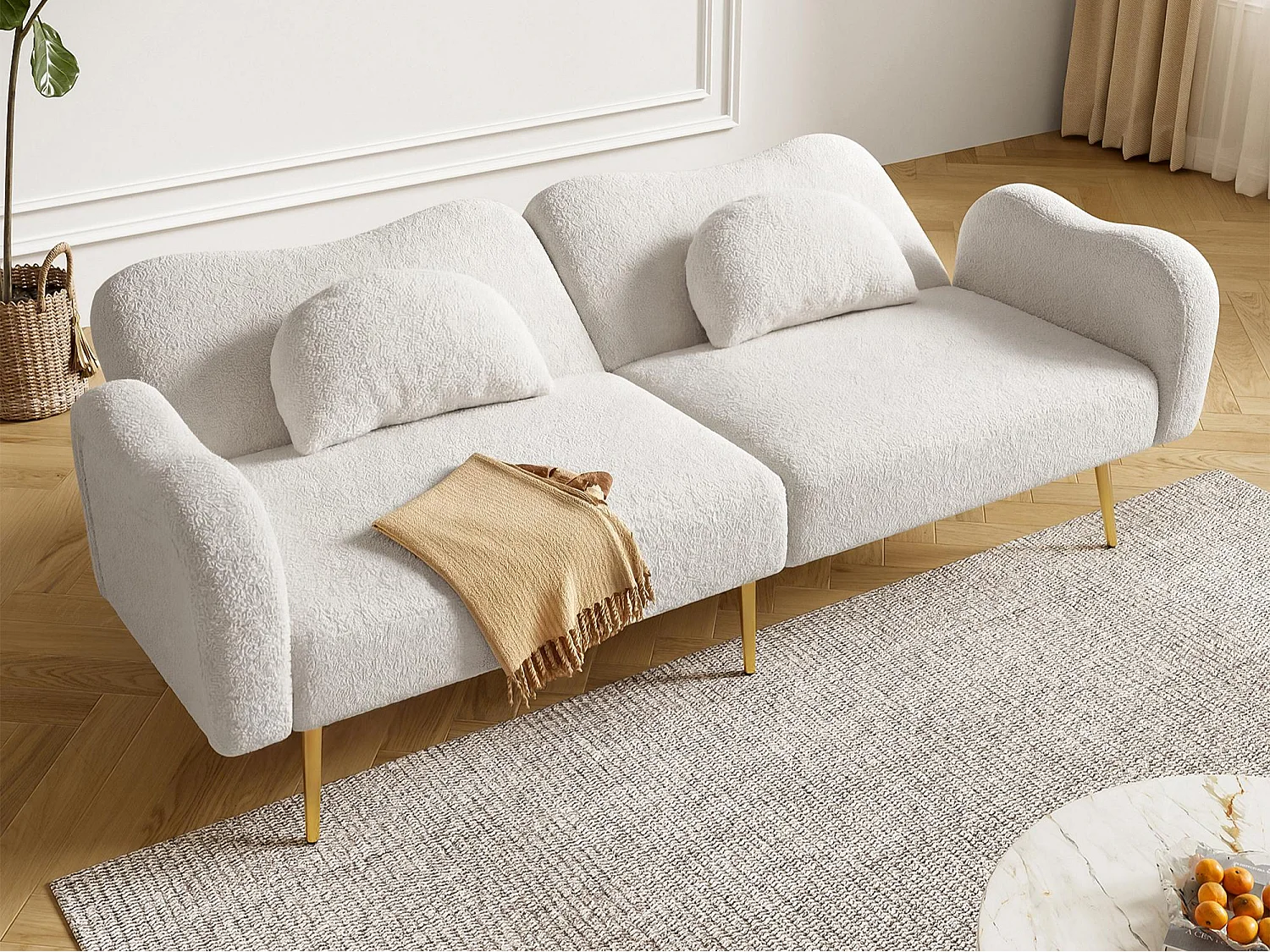 Canapé 2 places - Dossier réglable - Pieds en métal plaqué or - Blanc