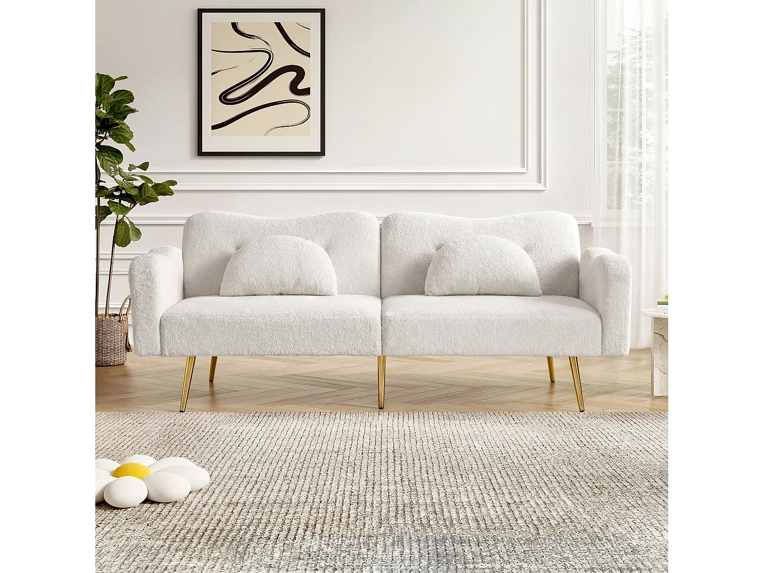 Canapé 2 places - Dossier réglable - Pieds en métal plaqué or - Blanc