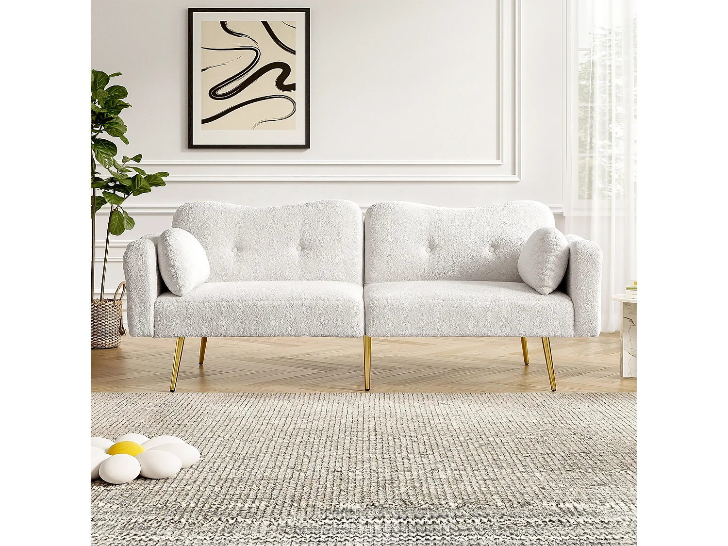 Canapé 2 places - Dossier réglable - Pieds en métal plaqué or - Blanc