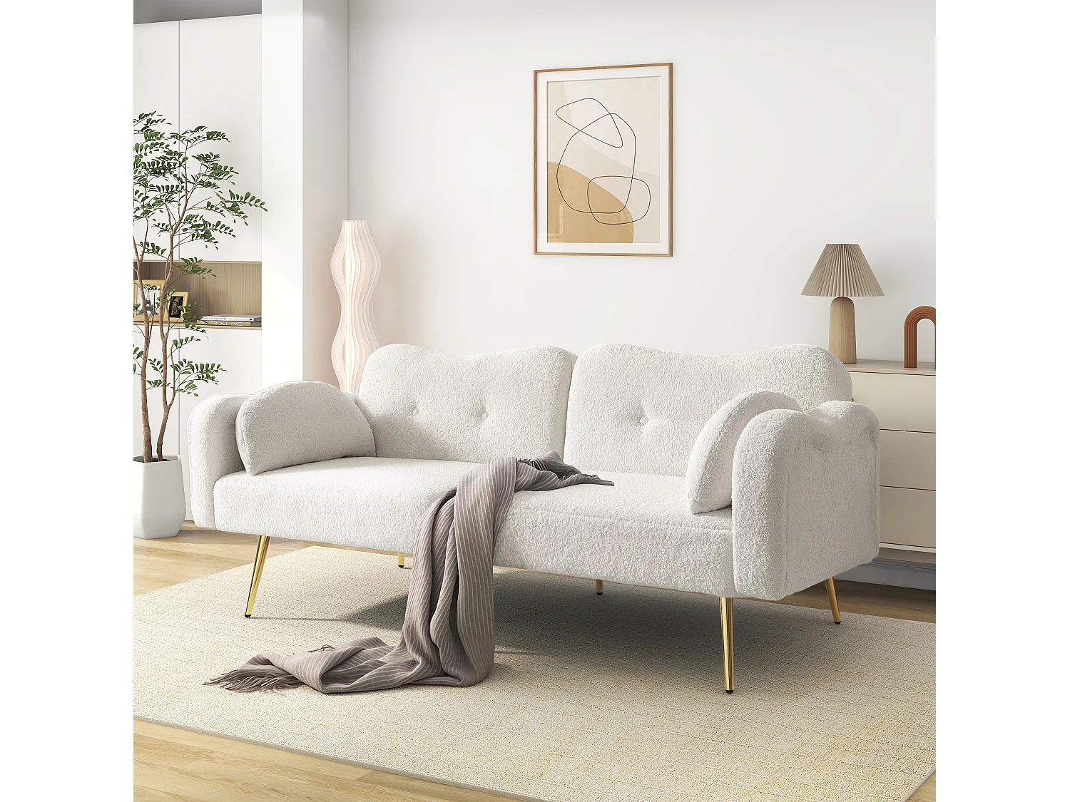 Canapé 2 places - Dossier réglable - Pieds en métal plaqué or - Blanc
