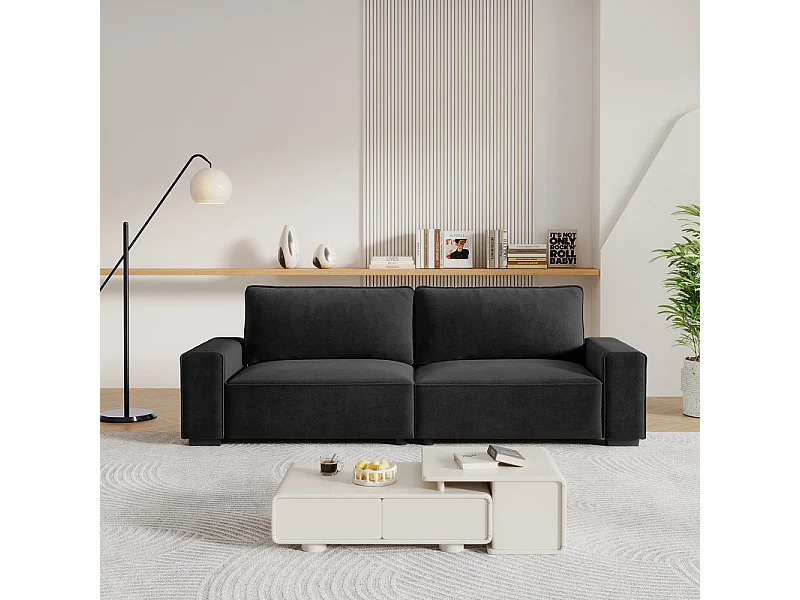 Canapé 3 places en chenille noir - avec grand accoudoirs - 55cm confort assise profonde - 220 x 83 x 88 cm