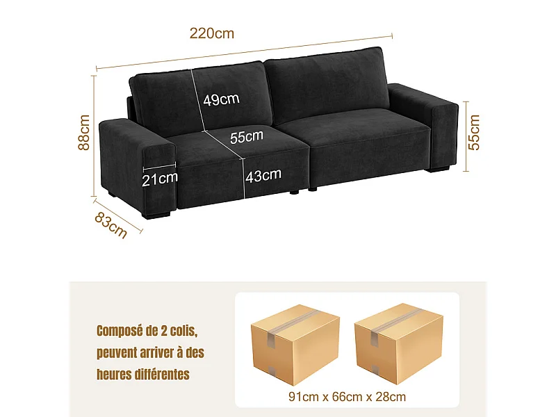 Canapé 3 places en chenille noir - avec grand accoudoirs - 55cm confort assise profonde - 220 x 83 x 88 cm