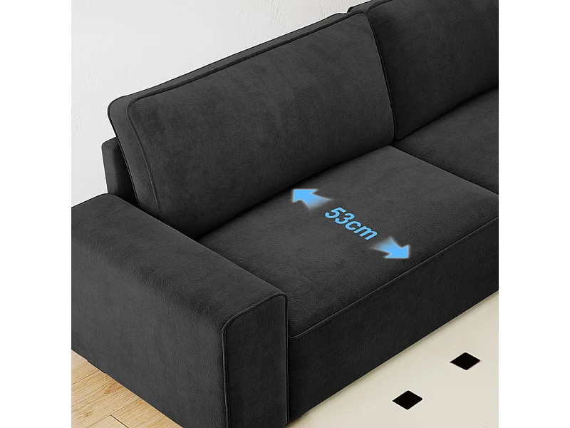 Canapé 3 places en chenille noir - avec grand accoudoirs - 55cm confort assise profonde - 220 x 83 x 88 cm