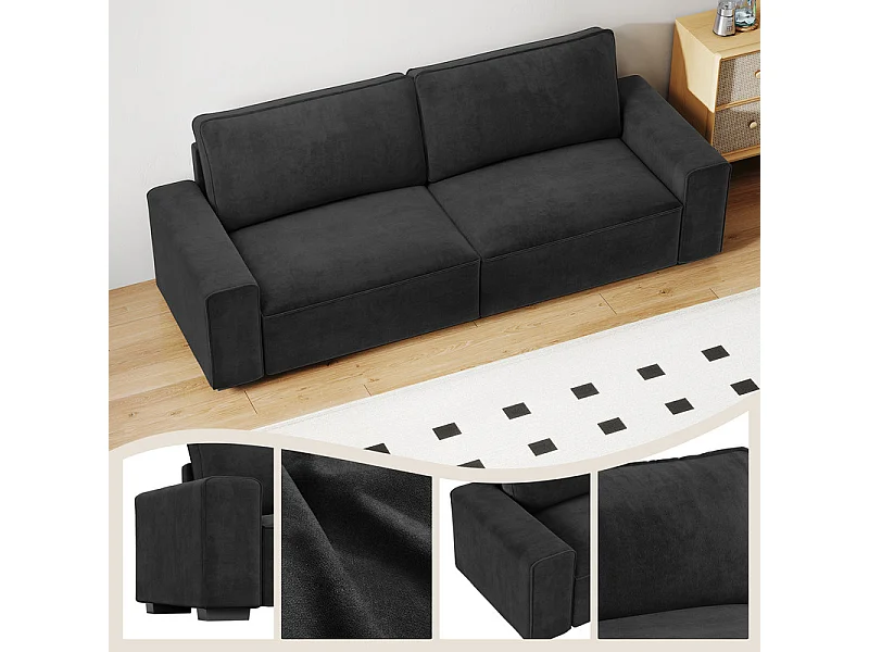 Bank 3-zits in chenille zwart - met grote armleuningen - 55cm diepe zit - 220 x 83 x 88 cm