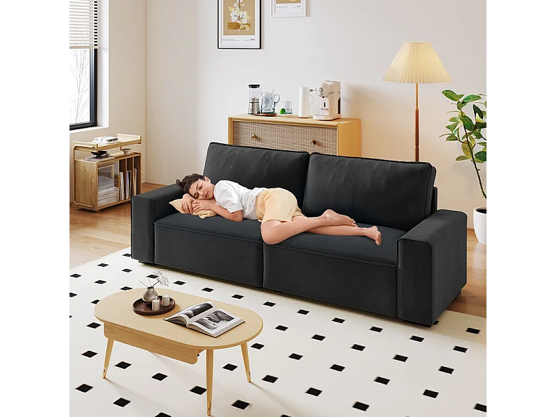 Bank 3-zits in chenille zwart - met grote armleuningen - 55cm diepe zit - 220 x 83 x 88 cm