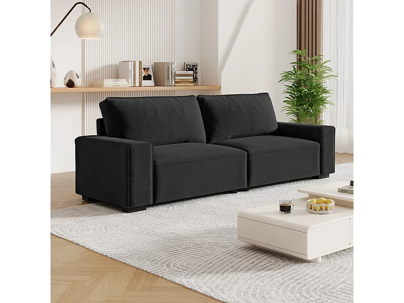 Bank 3-zits in chenille zwart - met grote armleuningen - 55cm diepe zit - 220 x 83 x 88 cm
