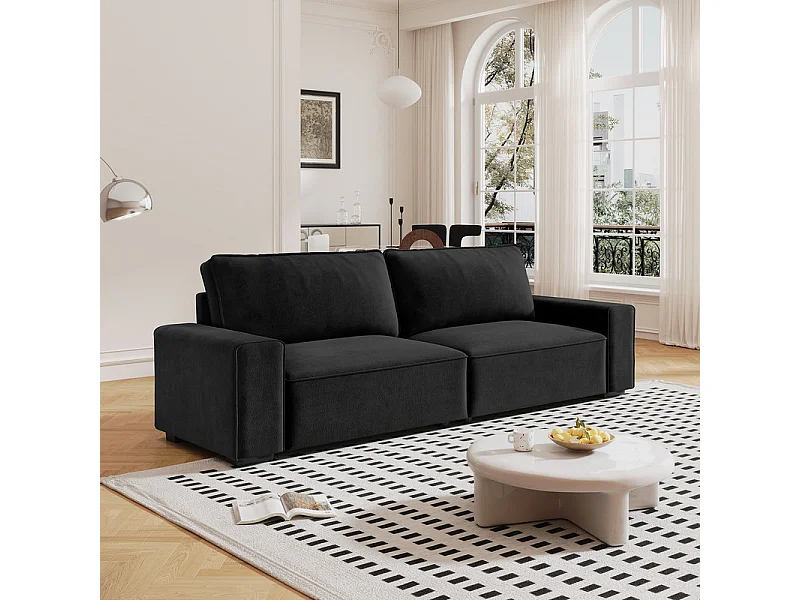Bank 3-zits in chenille zwart - met grote armleuningen - 55cm diepe zit - 220 x 83 x 88 cm