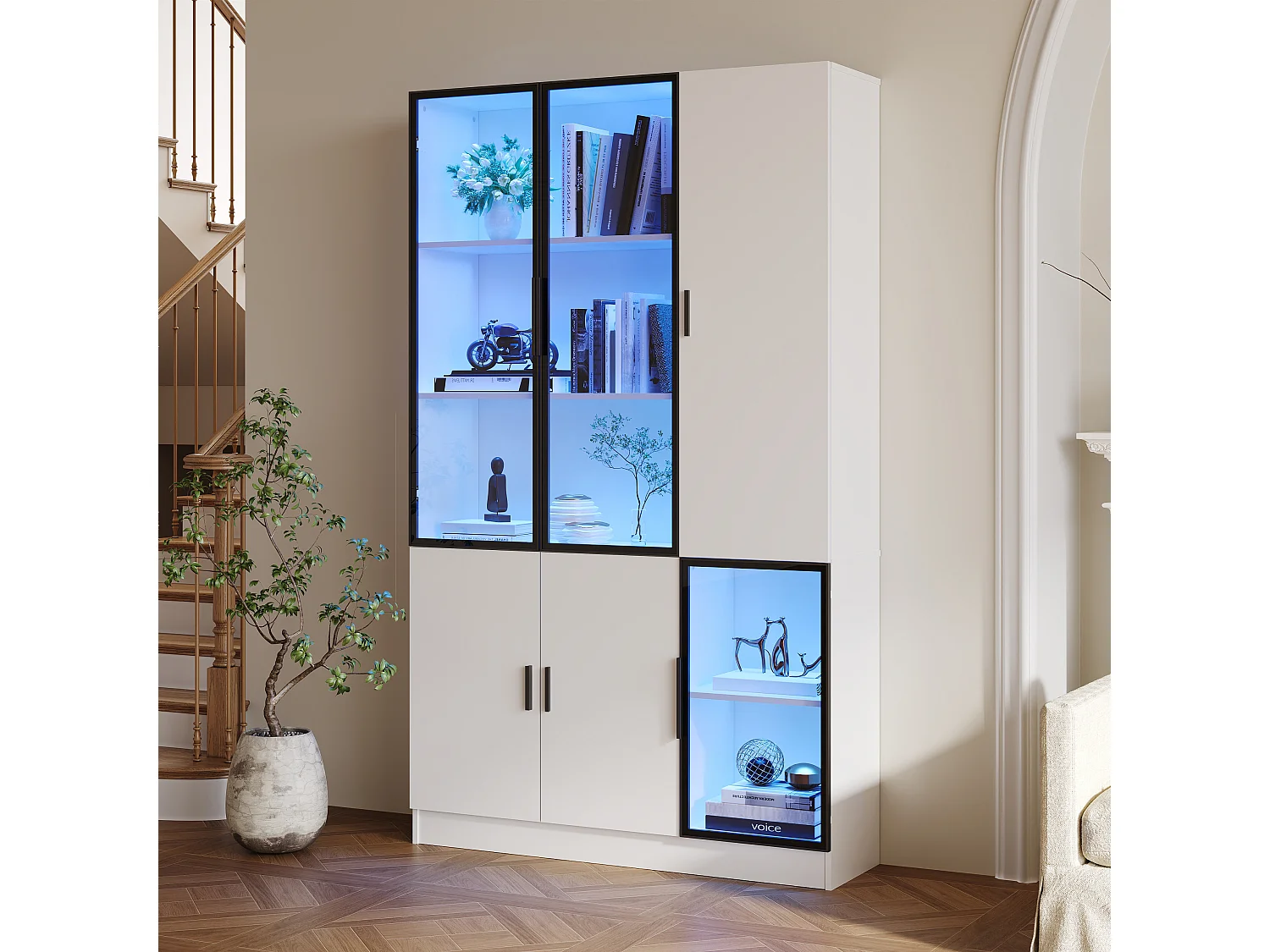 Vitrine moderne - 120 x 35 x 200 cm - avec 3 portes en verre + Leds - MDF + verre - blanc