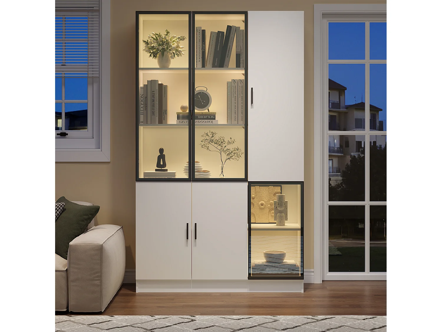 Vitrine moderne - 120 x 35 x 200 cm - avec 3 portes en verre + Leds - MDF + verre - blanc
