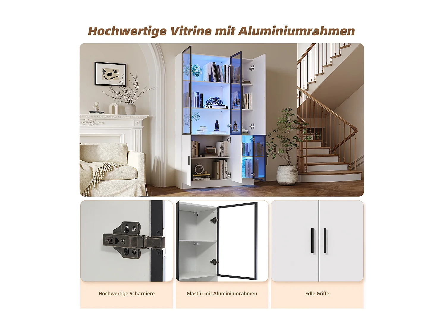 Vitrine moderne - 120 x 35 x 200 cm - avec 3 portes en verre + Leds - MDF + verre - blanc