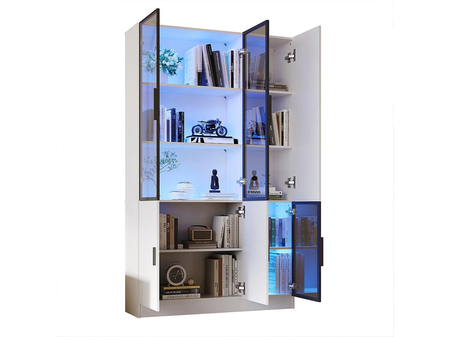 Vitrine moderne - 120 x 35 x 200 cm - avec 3 portes en verre + Leds - MDF + verre - blanc