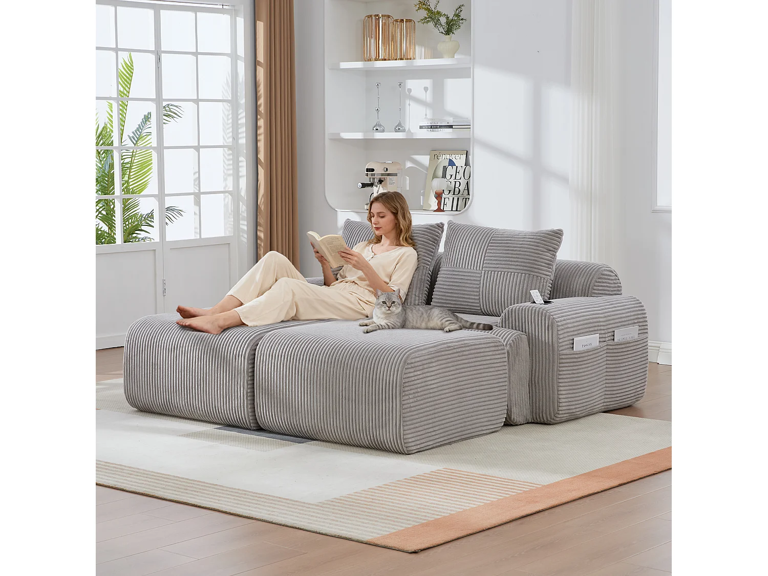 Canapé modulable 2 places - 200 x 174 x 80 cm - avec 2 poufs + porte-gobelets + poche de rangement - velours - gris clair