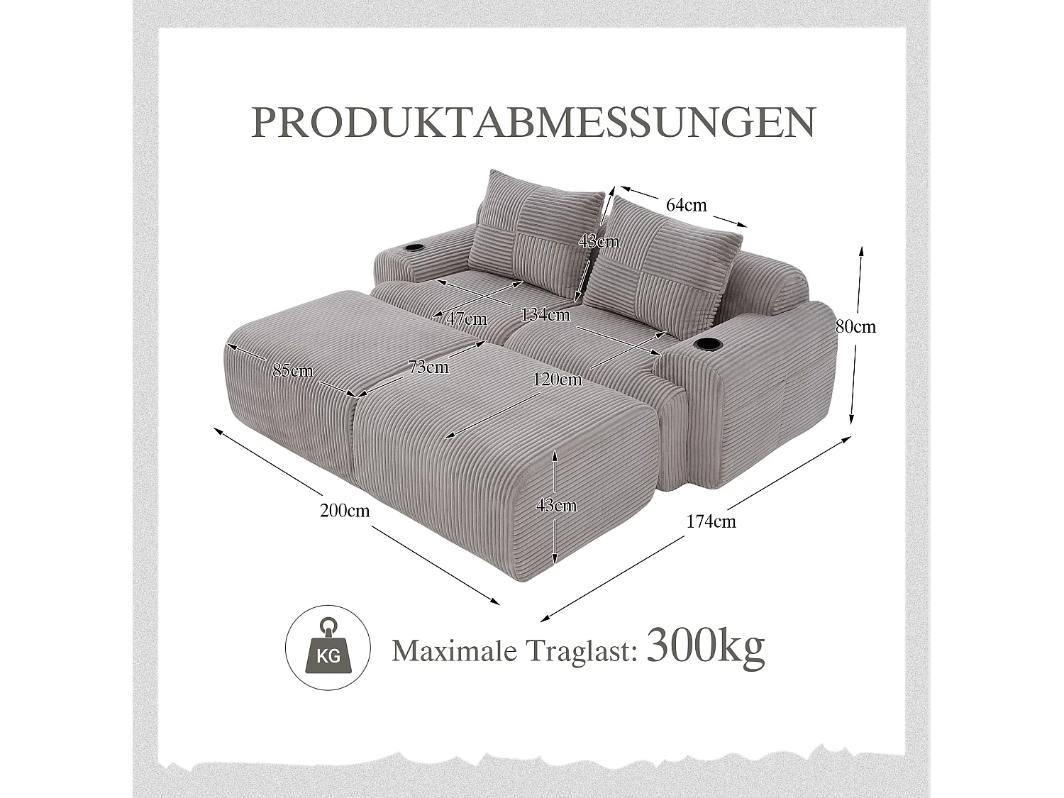 Canapé modulable 2 places - 200 x 174 x 80 cm - avec 2 poufs + porte-gobelets + poche de rangement - velours - gris clair