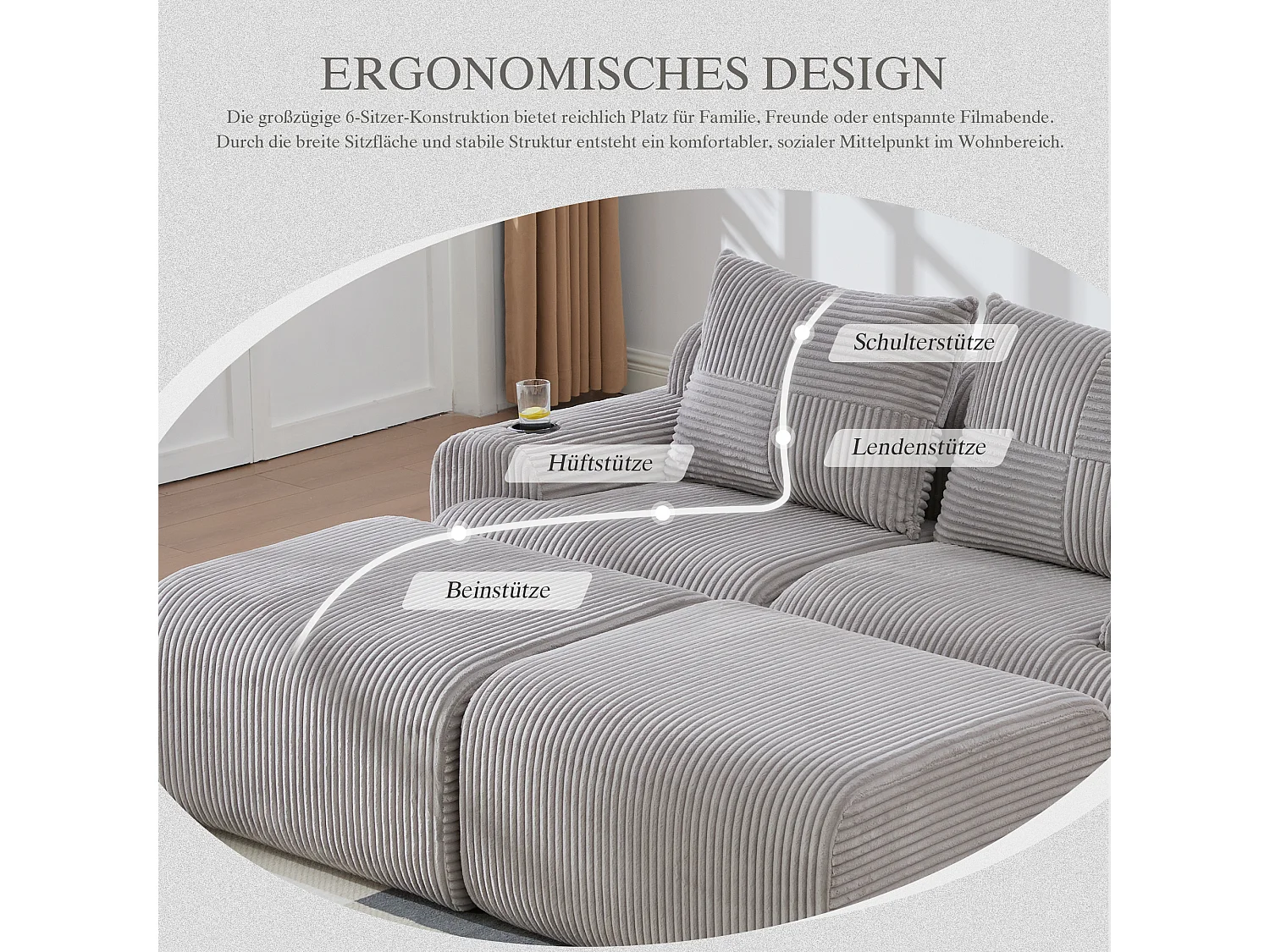 Canapé modulable 2 places - 200 x 174 x 80 cm - avec 2 poufs + porte-gobelets + poche de rangement - velours - gris clair