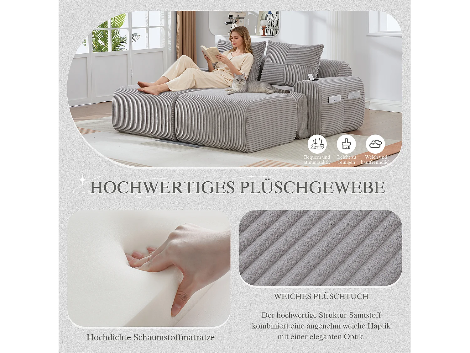 Canapé modulable 2 places - 200 x 174 x 80 cm - avec 2 poufs + porte-gobelets + poche de rangement - velours - gris clair