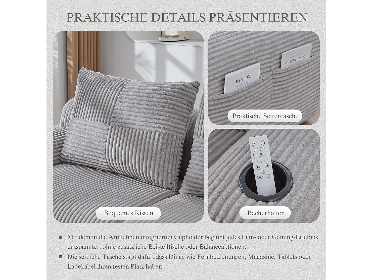 Canapé modulable 2 places - 200 x 174 x 80 cm - avec 2 poufs + porte-gobelets + poche de rangement - velours - gris clair