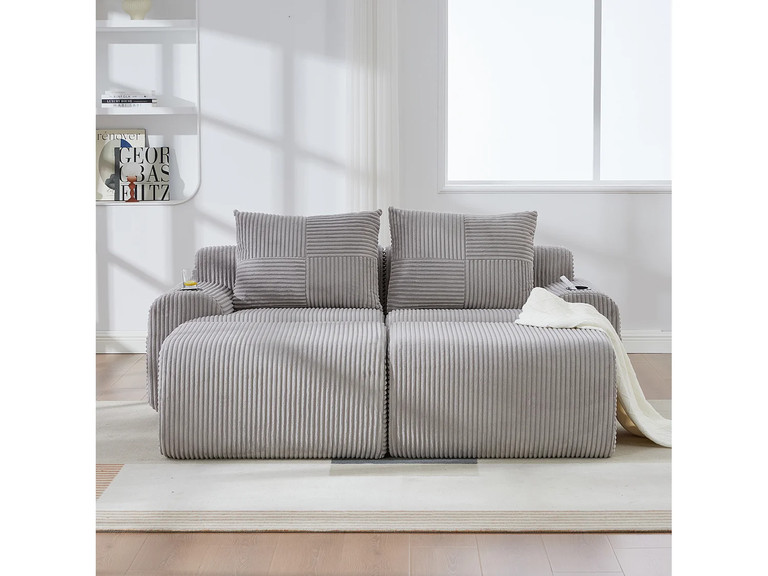 Canapé modulable 2 places - 200 x 174 x 80 cm - avec 2 poufs + porte-gobelets + poche de rangement - velours - gris clair